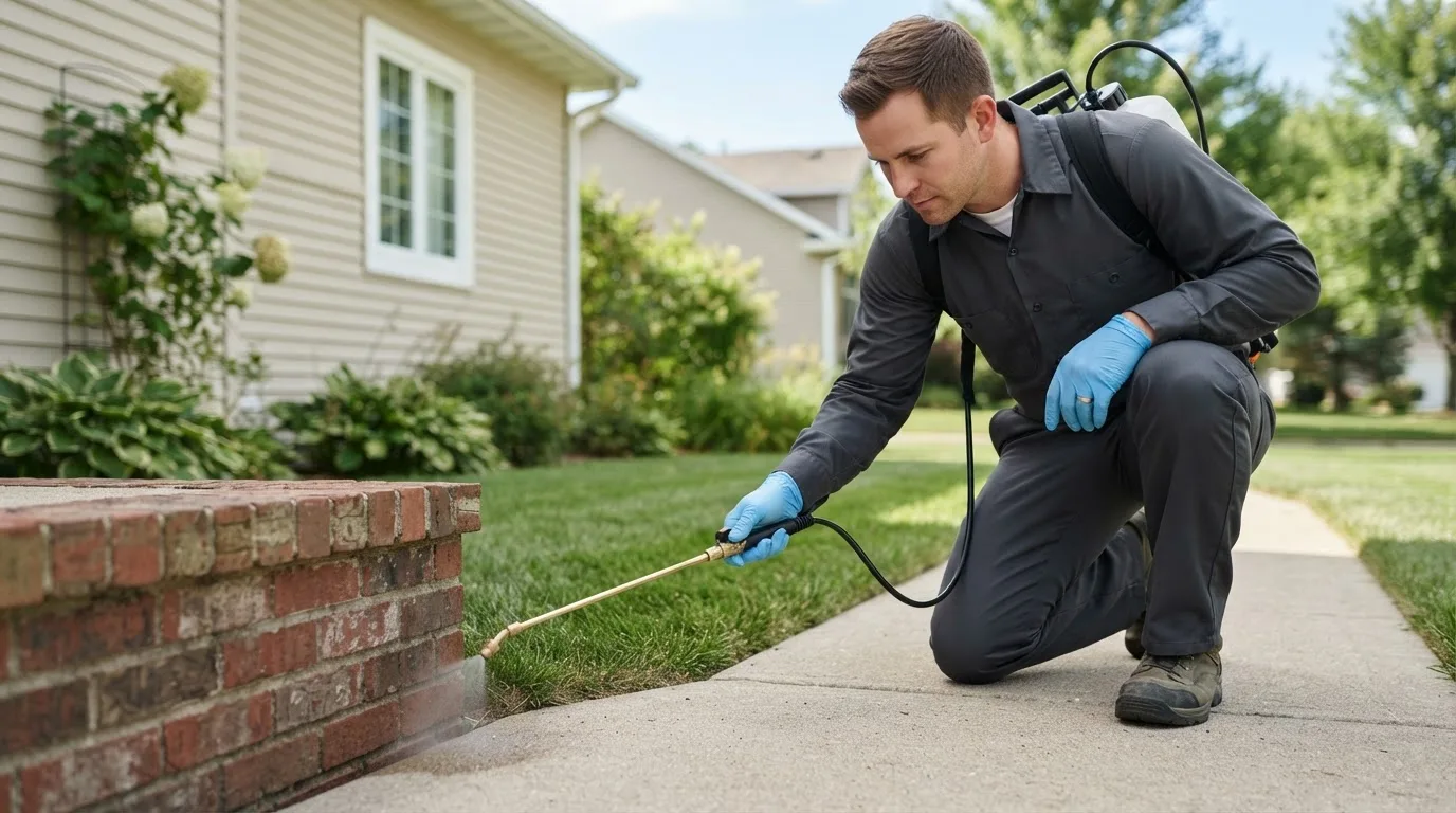 Pest control technician treating a home near Chestnut Mound, TN